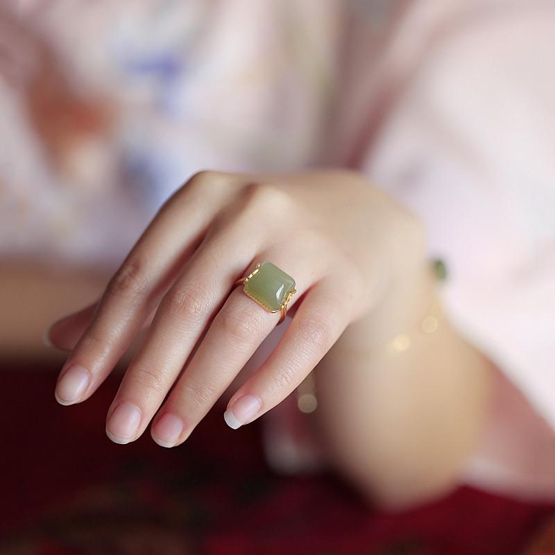 Hetian Jade Cloud Ring: Elegant Women's Open Chalcedony Jadeite with Retro Bamboo Design