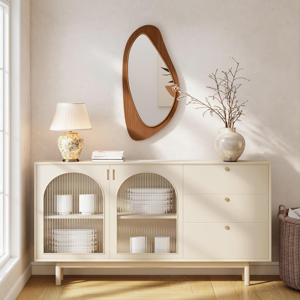 Wall Mirror Window Mirror with Pine Veneer Frame for Bedroom Living Room, 91.5 x 45 x 3 cm, Natural Wood