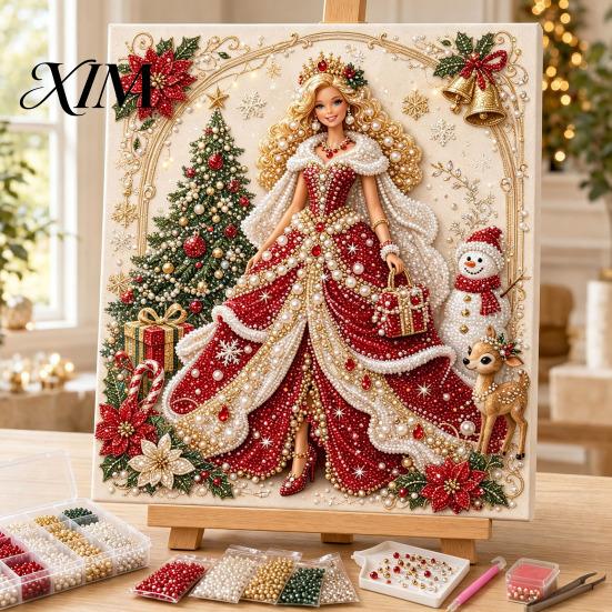 Decorative Faux Pearl Ornament Making Fashion Doll Art Kit, DIY Christmas Painting Adult Bead Embroidery Set 3D Textured Craft Kit for Adults, Festive