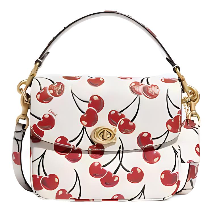 Coach Cassie 20 Кожаная сумка-кроссбоди через плечо с клапаном и поворотным замком, принт "вишня", маленькая, женская, Белый Красный CA831-B4HA