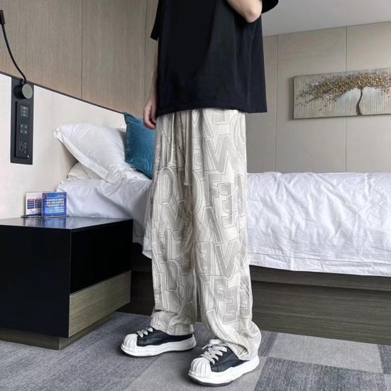 Men Pants Elastic Waist Adjustable Drawstring Wide Leg Casual Trousers with Pockets Letter Print Corduroy Pants