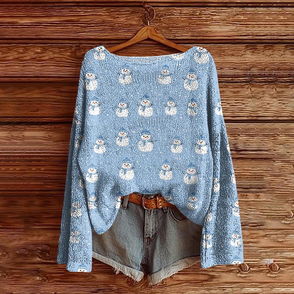 Women's Christmas Print Lightweight Sweater Casual Long Sleeve Knitted Pullover