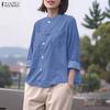 Women Casual Round Neck Solid Color Loose Long Sleeve Blouse