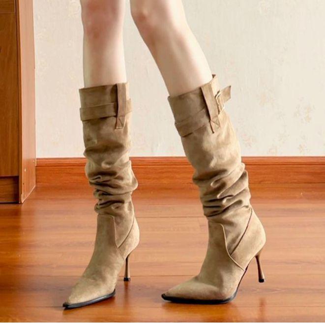 Мягкая кожа заостренный тонкий каблук тонкие сапоги wostacking boots темперамент высокие каблуки сапоги плиссированные тонкие сапоги
