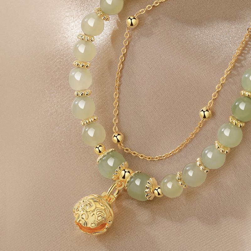 High-End Natural Hetian Jade Wind Chime Bracelet for Women - Lucky Bead Palace Bell Design
