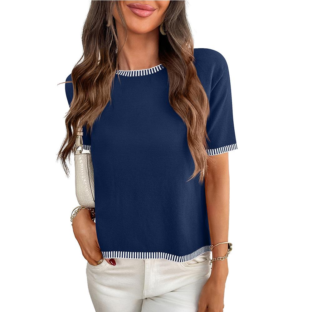 Летний новый женский свитер с круглым вырезом и короткими рукавами, полосатый вязаный свитер