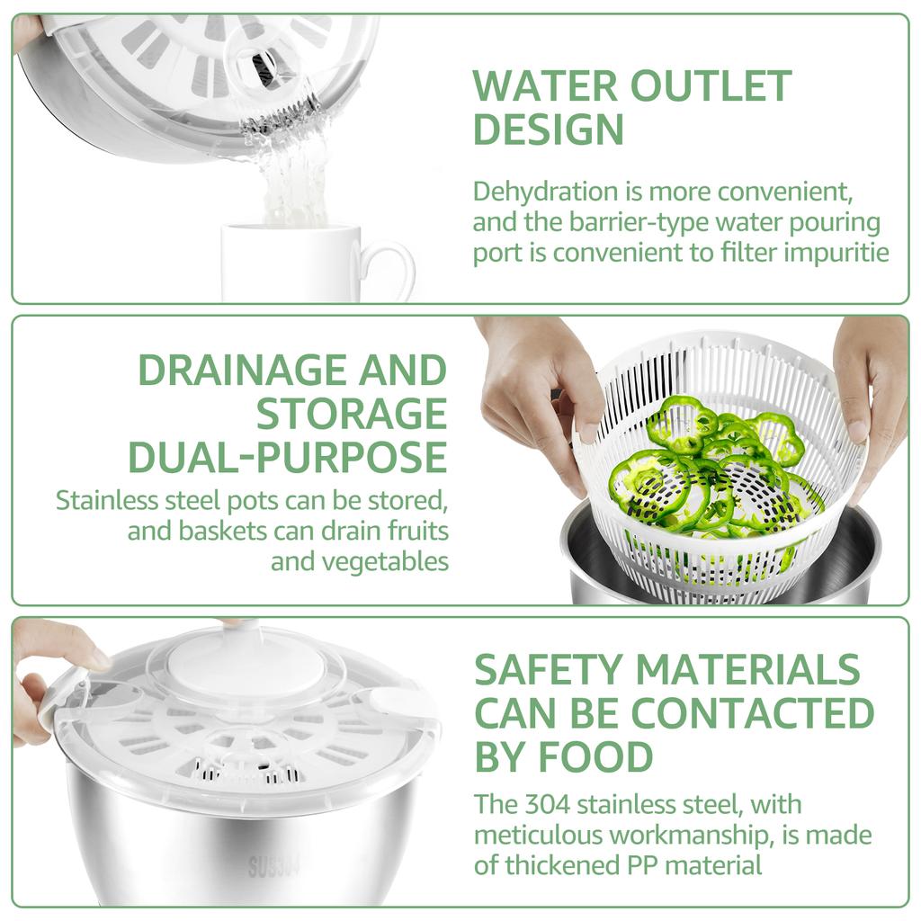 Salad Spinner 304 Stainless Steel Lettuce Spinner 5L Vegetable Dryer with Drainage Hole Nonslip Salad Spinner for Drying