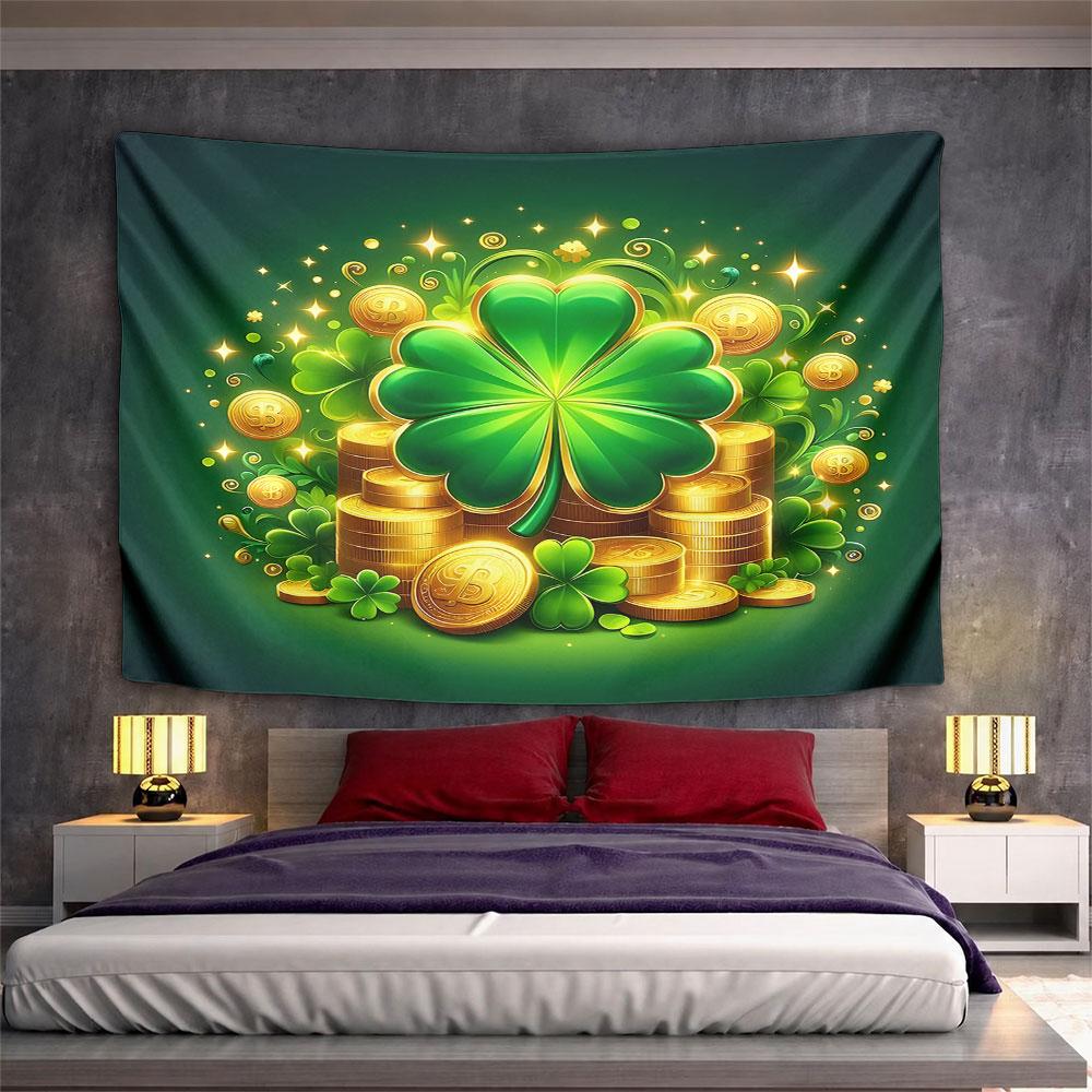 Lucky Clover and Gold Coins Design Pattern Wall Hanging Tapestry Decorative Tapestry Home Decor for Bedroom and Living Room
