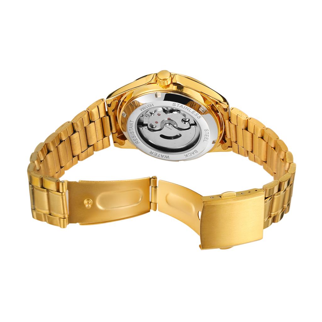 WINNER Спортивные золотые автоматические часы для мужчин, отображение даты, люминесцентные стрелки, ремешок из нержавеющей стали, роскошные механические часы высшего бренда