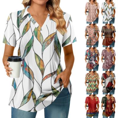 Женские футболки с коротким рукавом, плиссированные, с V-образным вырезом, с принтом, с воротником, летние топы, модные, деловые, повседневные, рабочие
