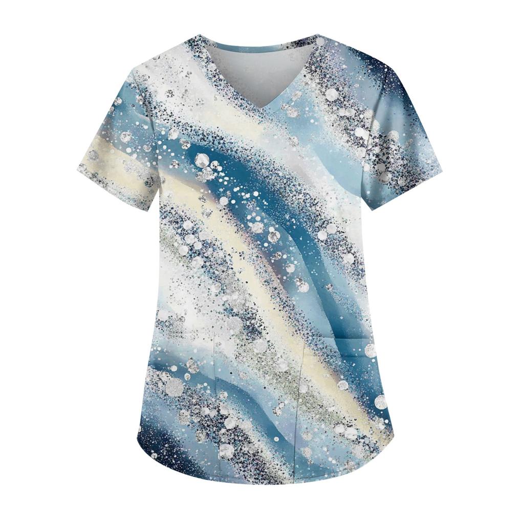 Рабочая форма больших размеров с принтом, топы для женщин, забавные футболки с v-образным вырезом и короткими рукавами, рабочая одежда, футболка с карманами