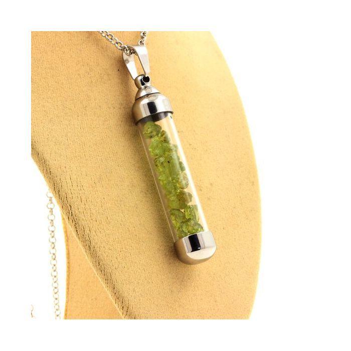 Stones and Minerals. Raw Peridot Necklace. 50 Mm Tube Model.