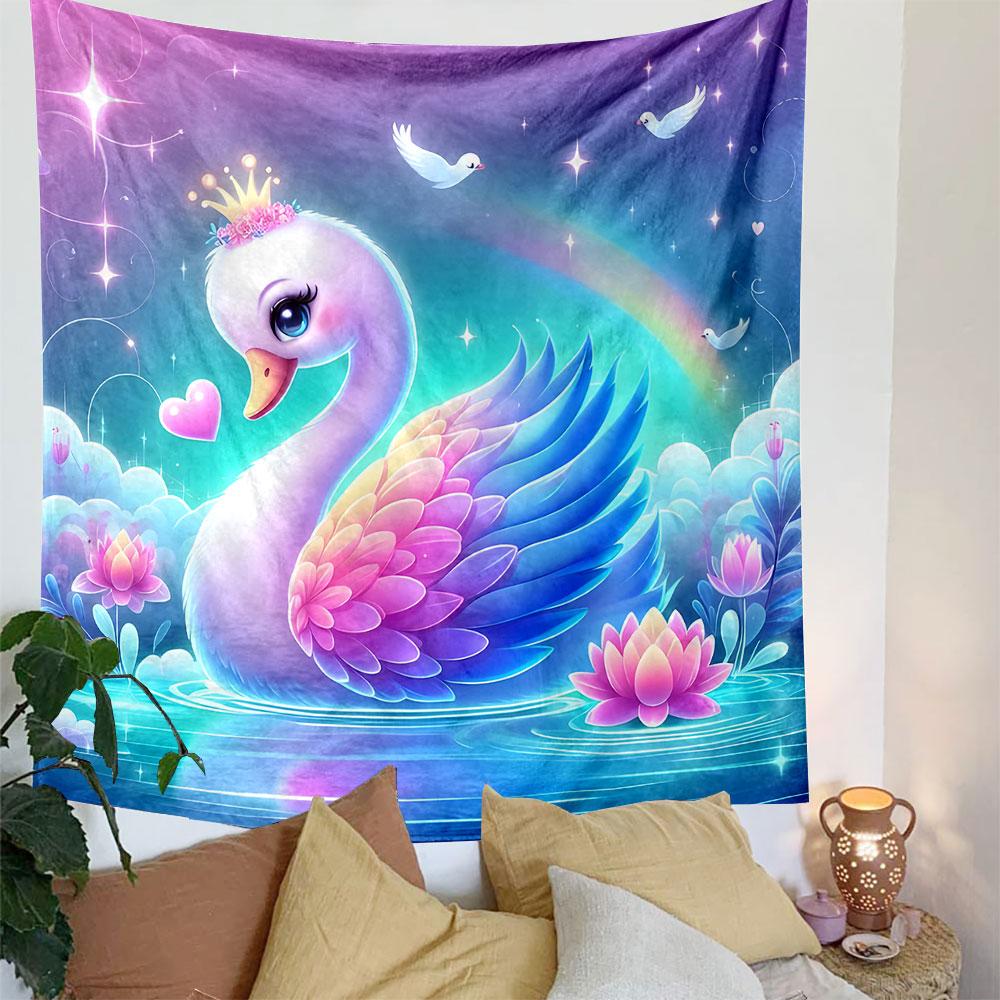 "Majestic Swan with Crown in Fantasy Scene" Patterned Tapestry Decorative Wall Hanging, Home Bedroom Living Room Decor