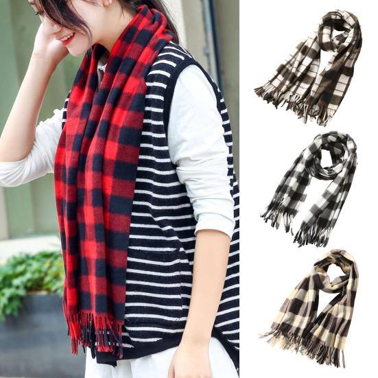 Women Winter Scarf Plaid Print Lightweight Soft Warm Scarf with Tassel Trim Cold Weather Imitation Cashmere Scarf