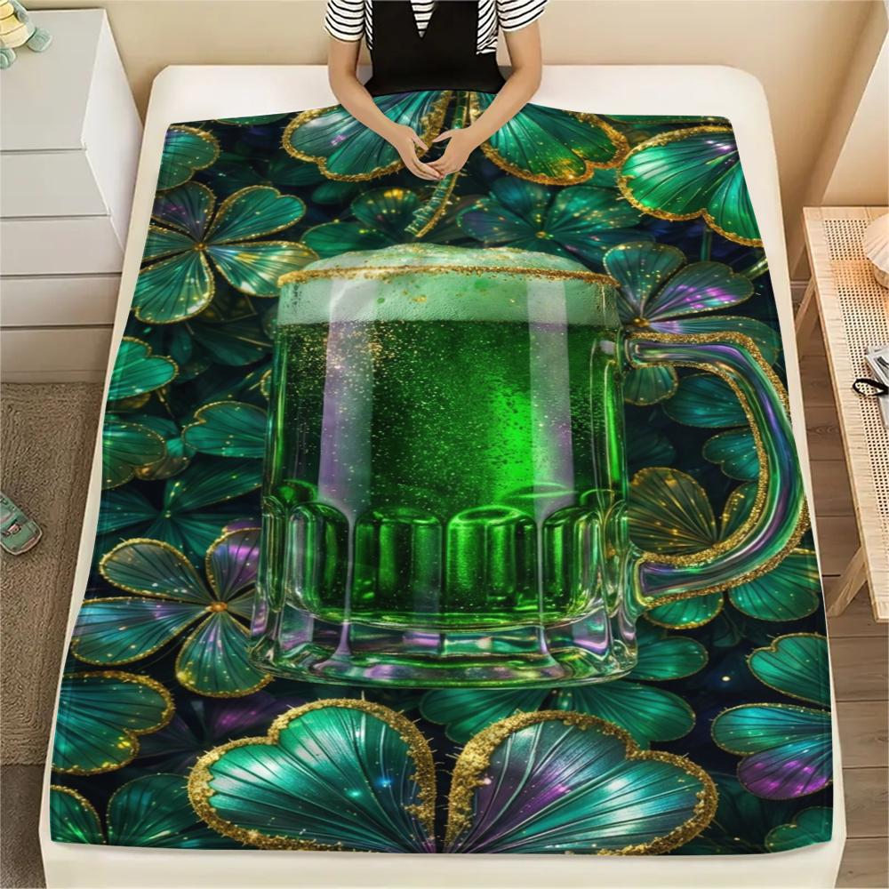 1Pc St.Patrick's Day Print Flannel Blanket, High quality Comfortable for All Seasons, Home Decor, Warmth and Comfort, Perfect for Christmas Gifts W73
