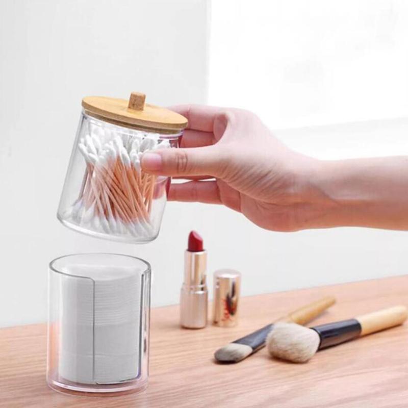 1PC Acrylic Storage Box Bathroom Jar Makeup Organizer Cotton Round Pad Holder Cotton Swab Box Qtip Holder Dispenser with Bamboo Lid