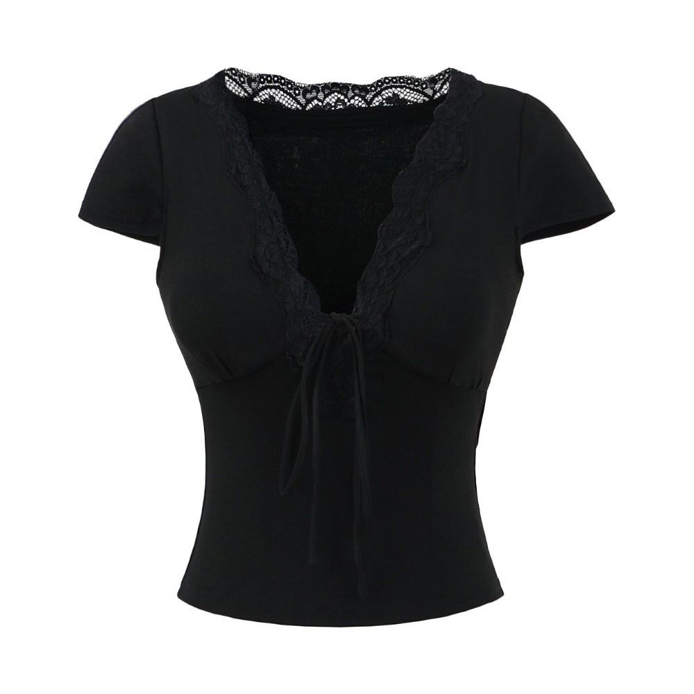 Short Sleeve Bottoming T-shirt V Neck Camisole Elegant Slim Crop Tops Streetwear