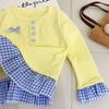 Korean Baby Girls O-Neck Button T-shirts Female Clothing Plaid Fashionable Spliced Spring Autumn Long Sleeve Folds Girls Sweet Bow Pullovers