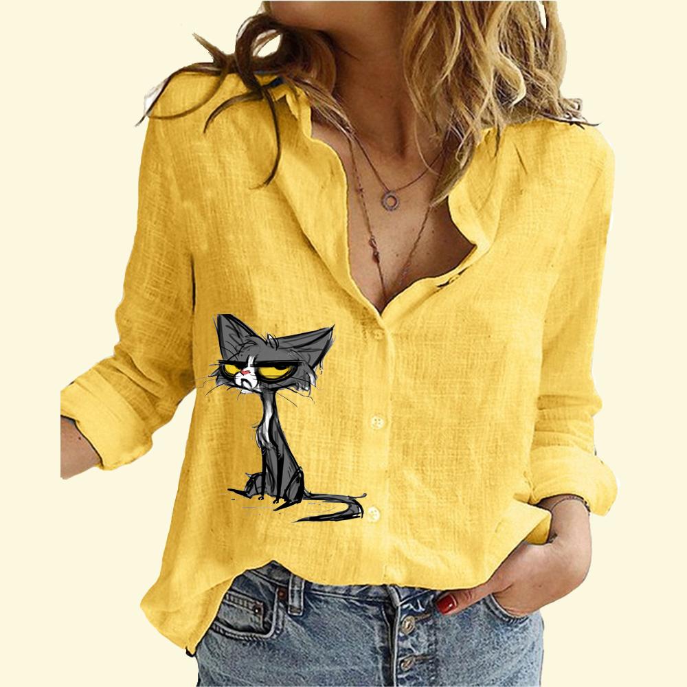 Женская мода хлопок льняная рубашка повседневная тонкая с длинными рукавами женская кошачья блузка на пуговицах