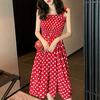 Spring and Summer Suspender Skirt Women's Mid-length Polka Dot One-shoulder Red Dress Summer Fairy Bottoming Skirt