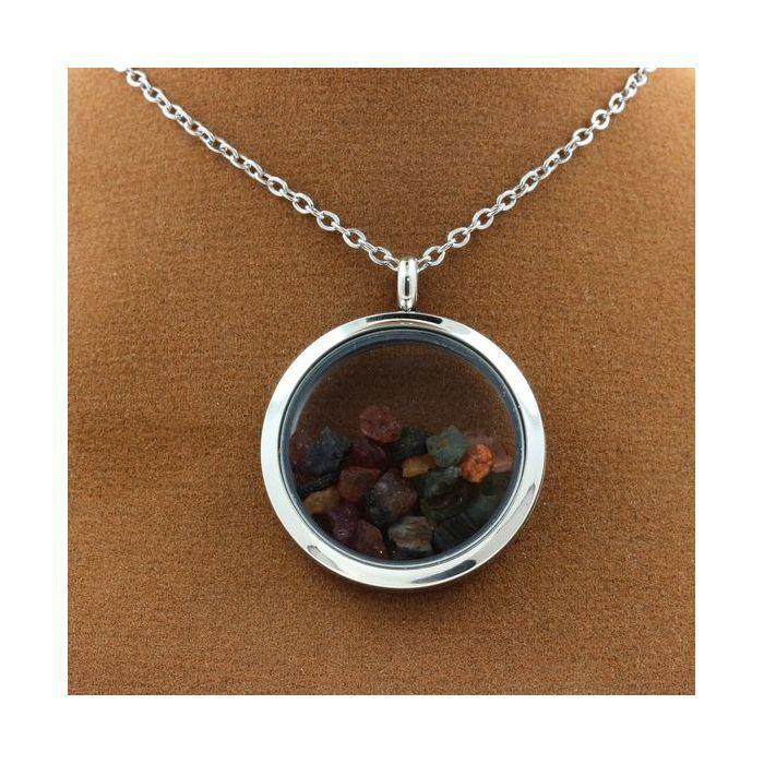 Pierres et Minéraux. Collier Tourmaline brut multicolore. Modèle Médaillon 20 mm. Couleur Argent.