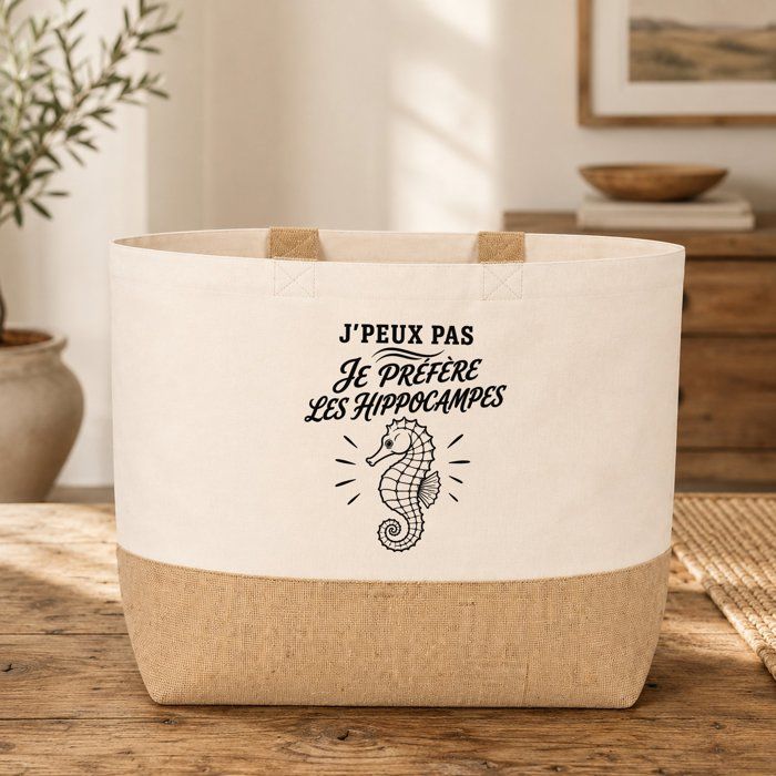Sac J’peux pas je préfère les Hippocampes J'peux pas minimaliste | Cabas en Coton avec Fond Jute 18 L 48 × 37 × 13 cm | Marché