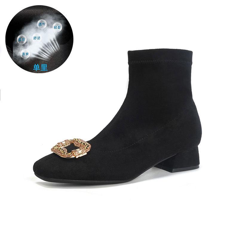 Замшевые ботильоны на высоком каблуке с эластичными голенищами и квадратной пряжкой со стразами, корейская версия, тонкие ботильоны, квадратный каблук, квадратный носок, короткие ботильоны, женские, осенне-зимние, поющие