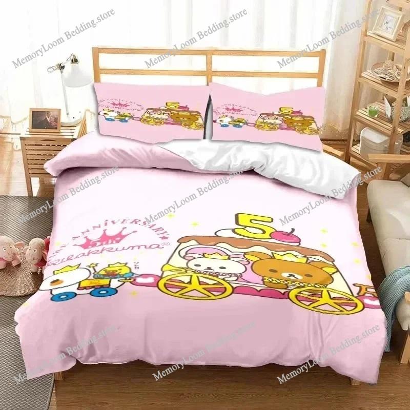 Anime Character Cute Rilakkuma Bear Bedding Set Full/Queen/King Size Duvet Cover Pillowcase Kids Adult Soft Home Textile Set