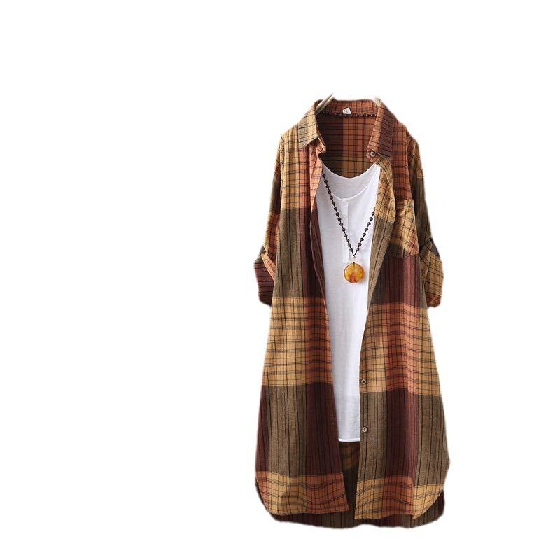 Клетчатая рубашка для весны и лета, солнцезащитная одежда, ретро-свободная тонкая куртка, рубашка для женщин