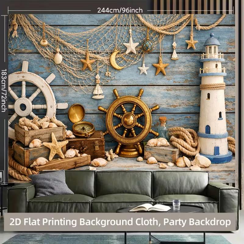 2D Nautical Beach Tapestry, Ocean Theme Party Background Cloth