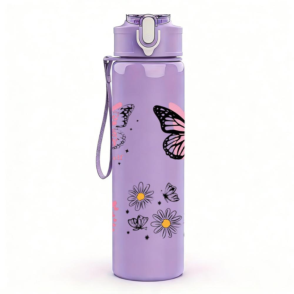 1PC Butterfly Daisy Love Collage 750ml Color Plastic Sports Water Bottle Leakproof Flip Straw Lid Suitable for Sports Office Home Use