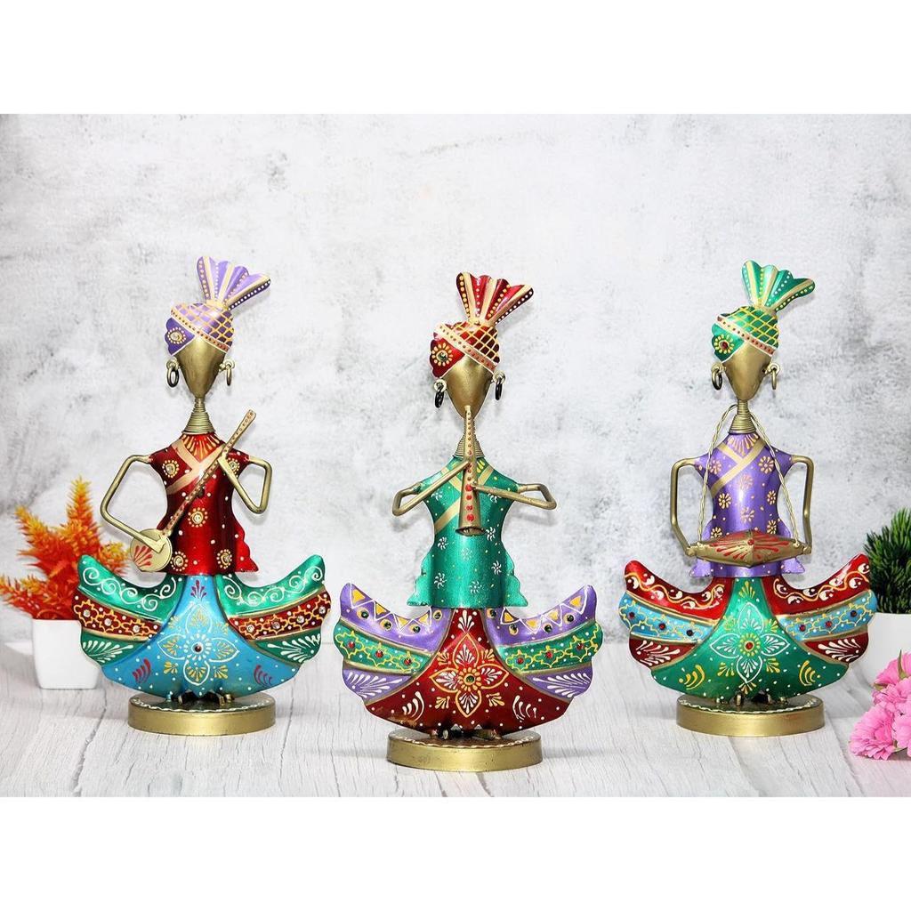 Расписанные вручную племенные музыканты из железа, декоративный предмет, экспонат для домашнего декора, подарок, многоцветный (Длина 7 дюймов*Высота 13 дюймов) - Набор из 3 шт., Винтаж
