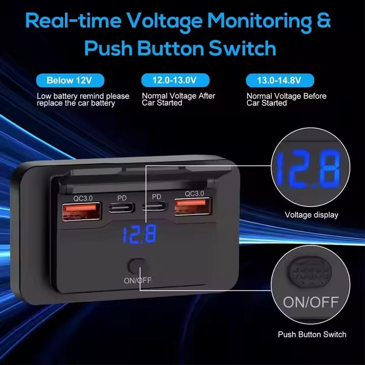 4-портовое быстрое зарядное устройство 12 В 24 В USB QC3.0 PD Панельный монтаж Дисплей для транспортного средства 90 Вт