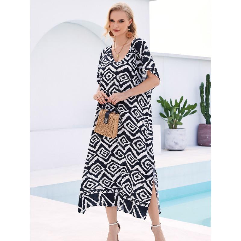 Плюс Размер Женщин Пляжный Принт Свободное Платье Накидка