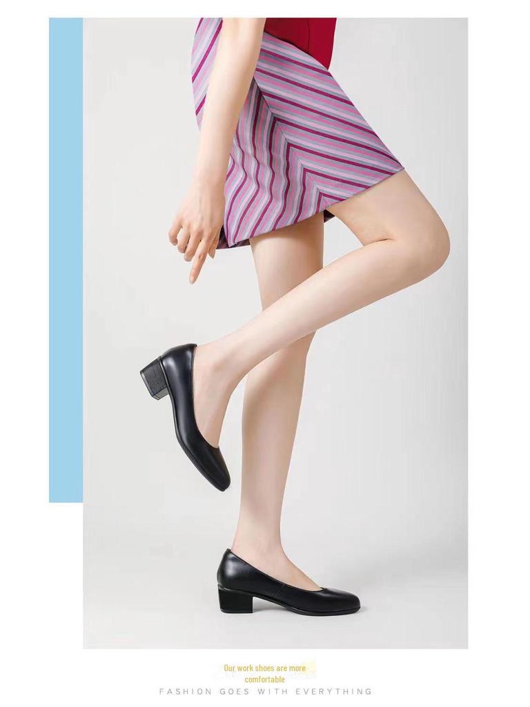 Женские черные кожаные рабочие туфли, удобный толстый каблук, мягкая кожа, подходят для любого сезона, доступны большие размеры.