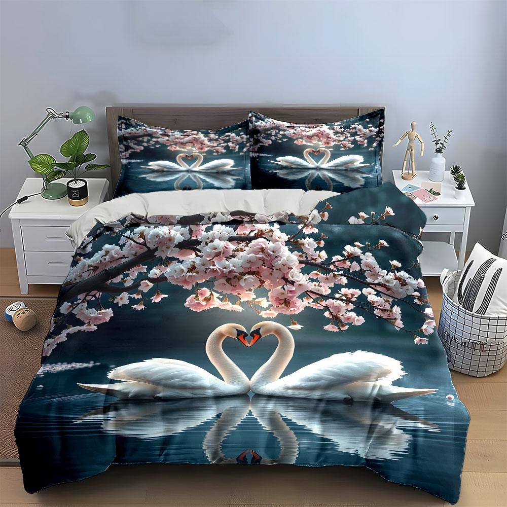 Swans and Cherry Blossom Scene Bedding Duvet Cover Set (1*Duvet Cover 2*Pillowcases, without duvet insert)
