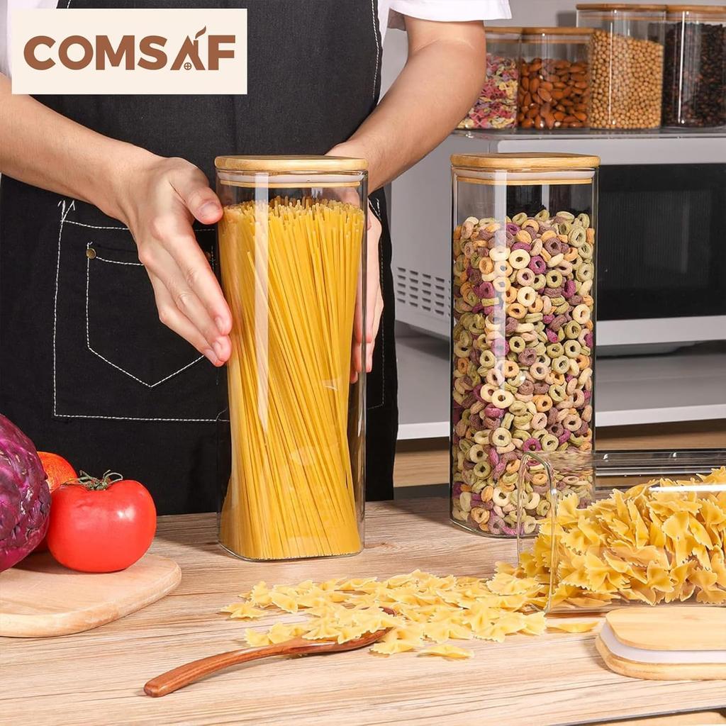 ComSaf Pasta Case 2100ml Square Pasta Storage Container Glass Canister Airtight Pasta Container Storage Jar Sealed Jar Food Storage Container with