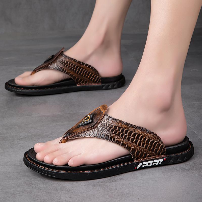 Genuine Leather Men Slippers Handmade Flip Flops Crocodile Grain Style Summer Men Casual Shoes Non-slip Outdoor Men Beach Shoes