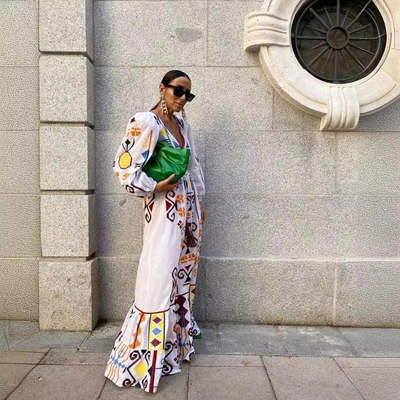 Женское праздничное платье с рукавами-фонариками и принтом, длинное