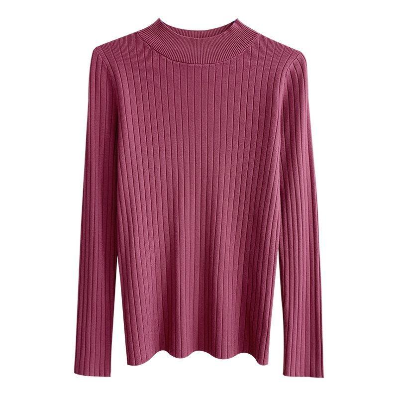 Women Autumn Winter Half High Collar Ribbed Knitted Sweater Solid Color Long Sleeve Slim-fit Pullovers