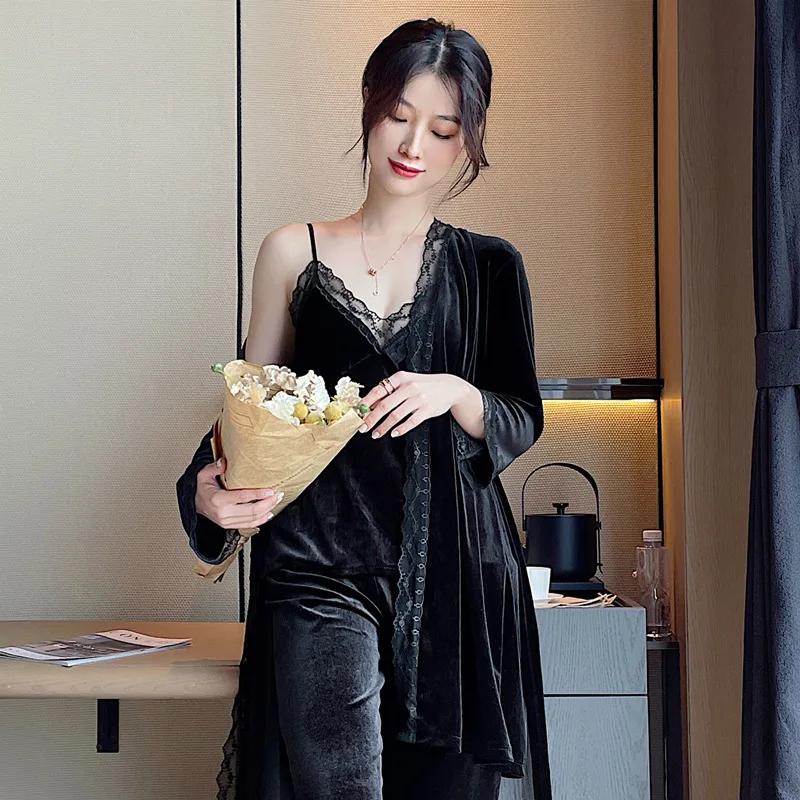 Women Velour Pajamas Set Red Lace 3PCS Sleepwear V-neck Bathrobe Suit Autumn New Arrival RobeTopsPants Casual Pijamas Home Clothes