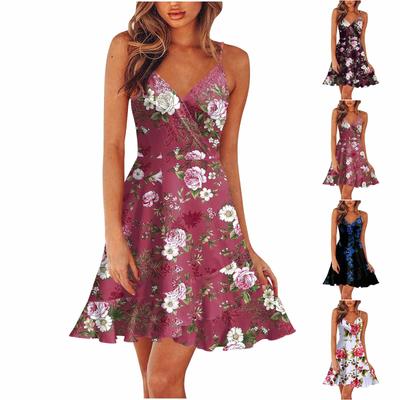 Женское летнее платье с V-образным вырезом и регулируемыми бретельками со складками на груди, повседневное платье с рюшами, летнее пляжное платье длиной до колена, платье с открытой спиной и открытыми плечами