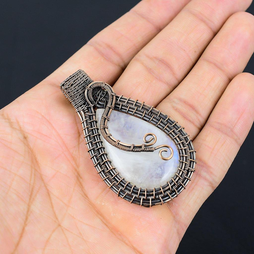 Кулон из лунного камня, обернутый медной проволокой 999 пробы, кулон из драгоценного камня ручной работы, подарок для мамы, антикварное украшение