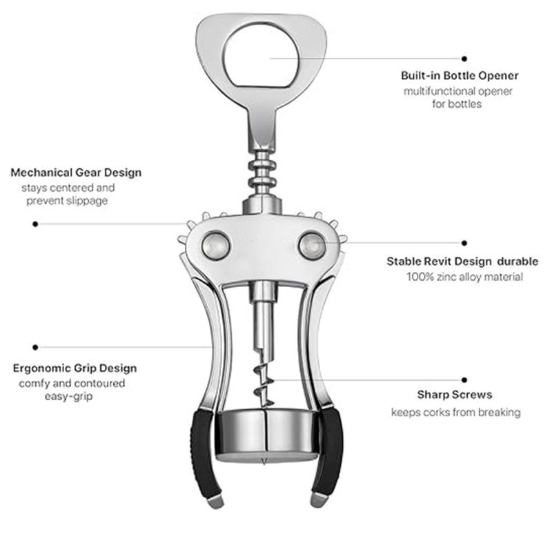 Штопор для вина, цинковый сплав, штопор для винных бутылок, сверхпрочный, ручной многофункциональный штопор для официанта, серебристый