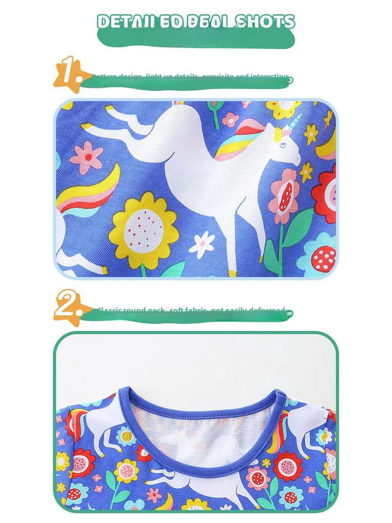 Летнее платье принцессы с мультяшным принтом для девочек - круглый вырез, короткие рукава, трикотаж из хлопка