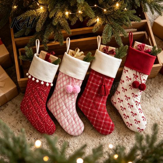 Checkered Gift Holders Christmas Stockings, 18 x 10 Inch Large Quilted Hanging Rustic Xmas Bags Decorative for Fireplace Indoor Holiday Party