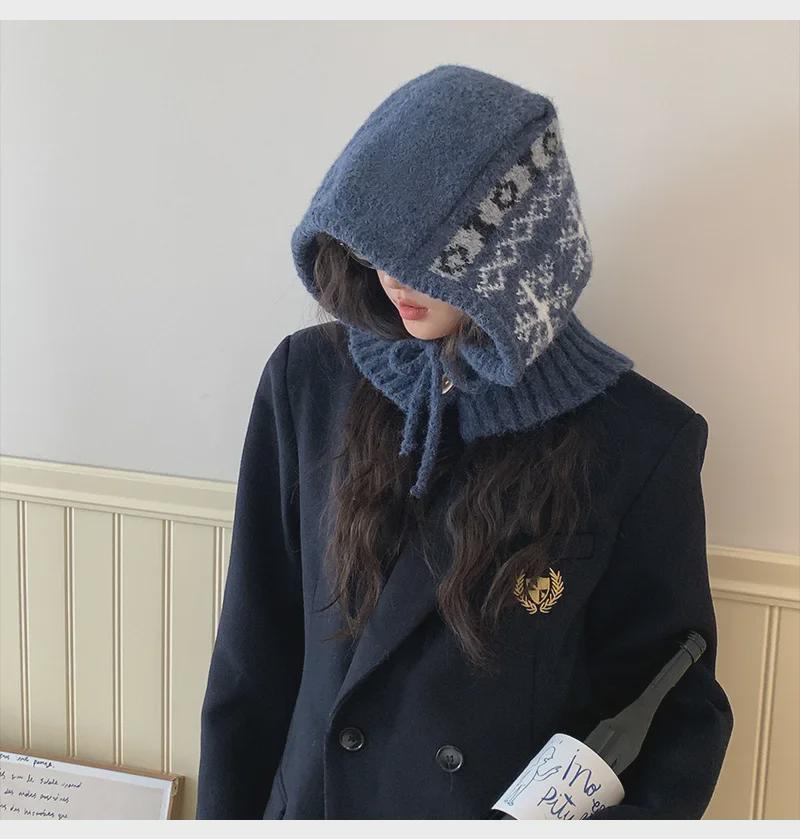 Корейская женская шапка-балаклава со снежинками и защитой шеи