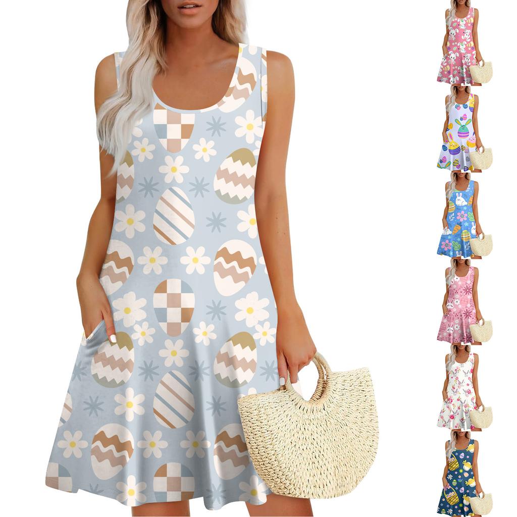 Womens Summer Dresses Easter Print  Loose U Neck Sleeveless Sundresses Dress With Pockets