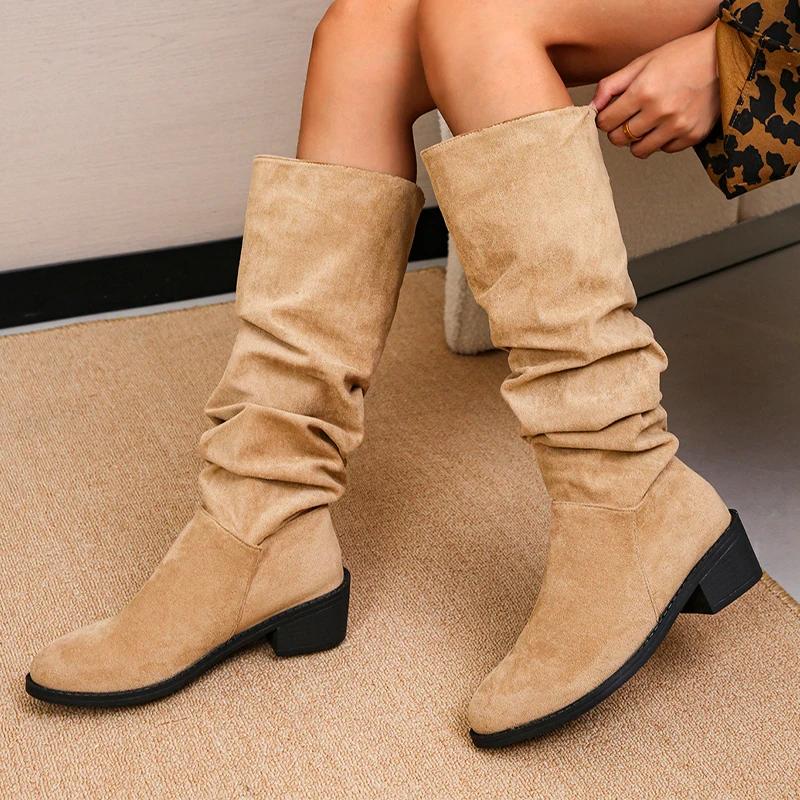 Женские замшевые леопардовые высокие сапоги на среднем каблуке, высокие сапоги до колена, женская тенденция 2025 года, зимняя мода, готика, снежные ретро-сапоги для мотоциклистов, Mujer