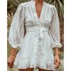 Women's Summer V-neck Long-sleeved Sweet Lace-up Ruffle Short Dresses